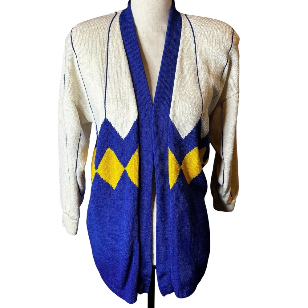 Vintage St John Argyle Cardigan Sweater Geometric Knit Open Front Blue Yellow